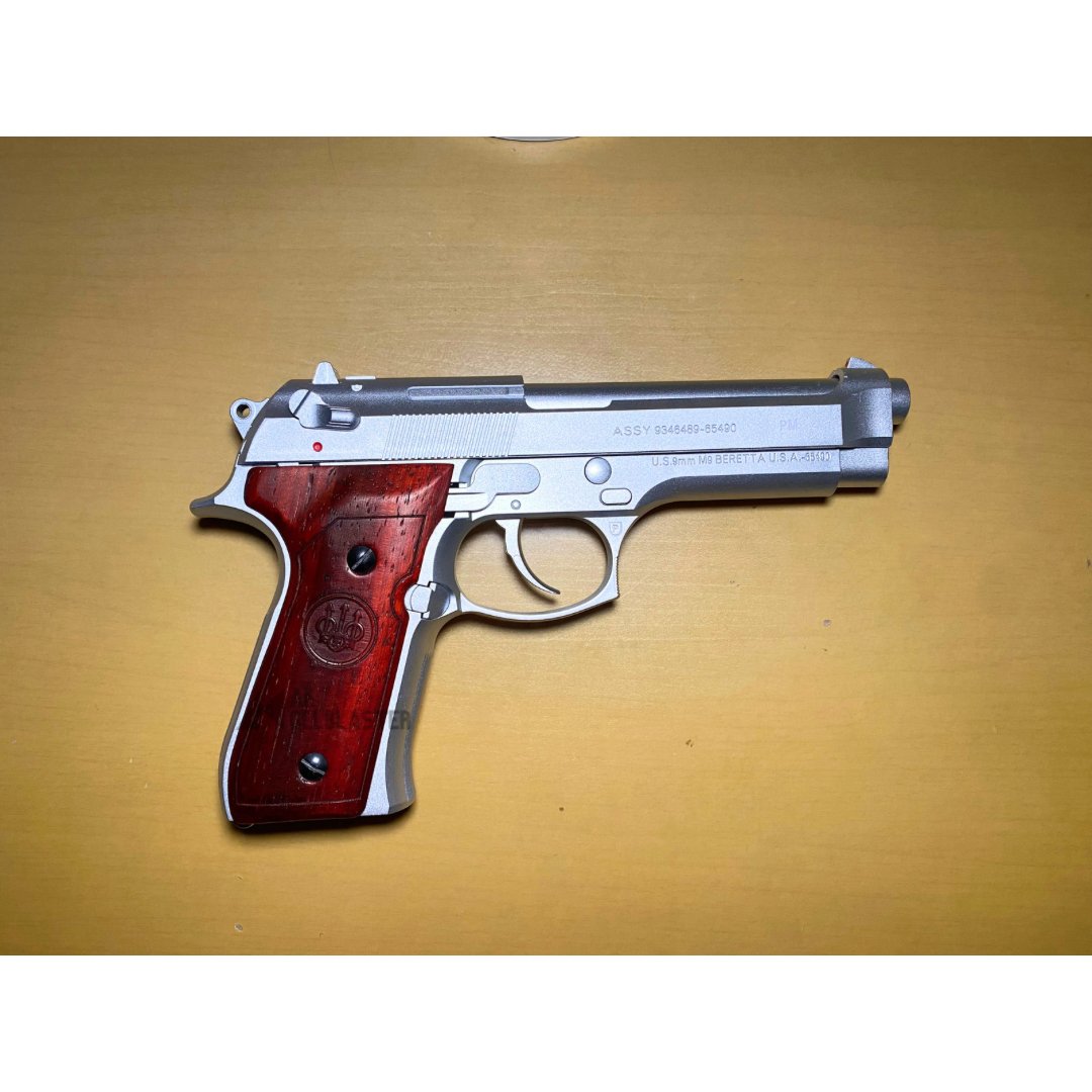 Silver Beretta 92F with Real Wood Handgrip Gel Blaster Pistol - AKgelblaster
