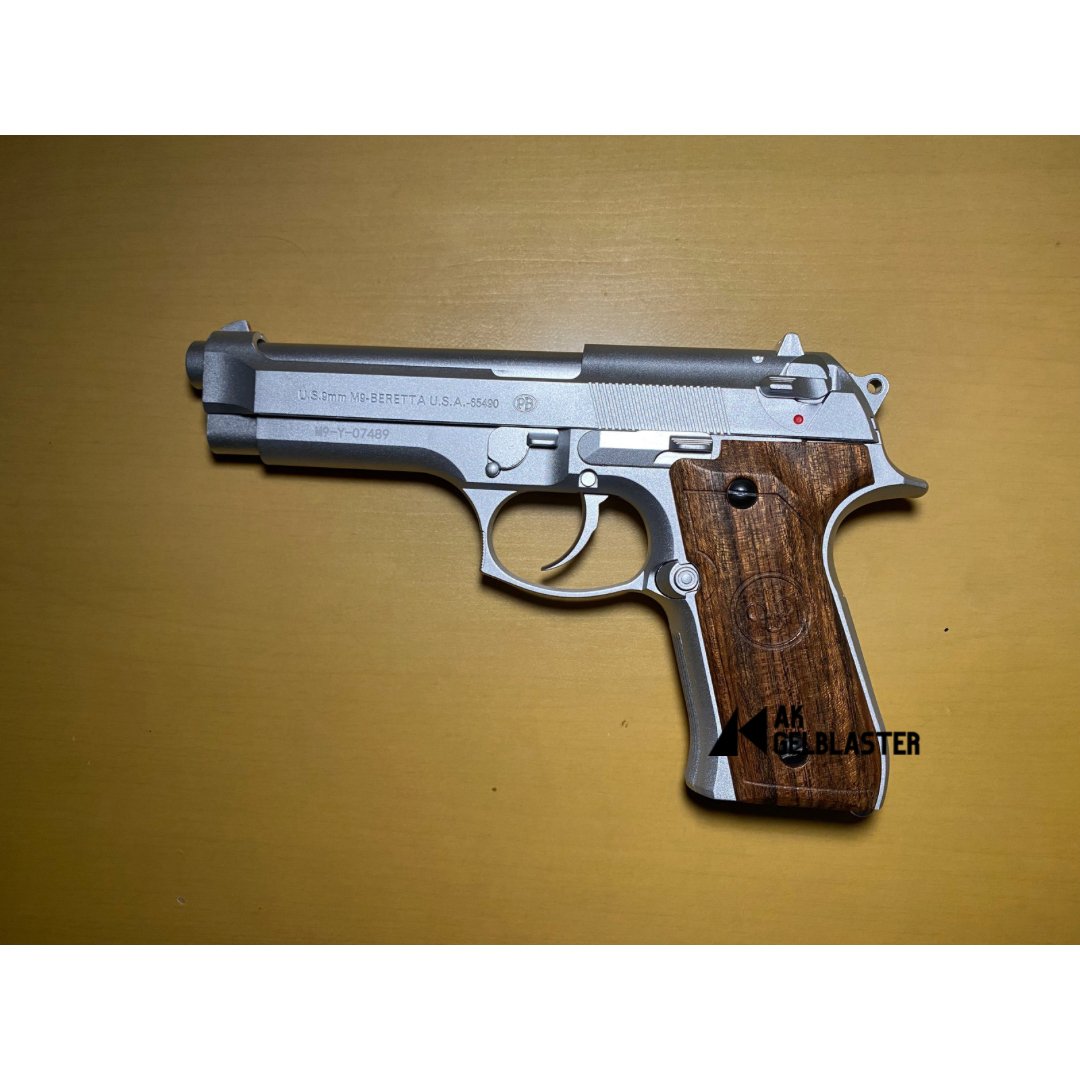 Silver Beretta 92F with Real Wood Handgrip Gel Blaster Pistol - AKgelblaster