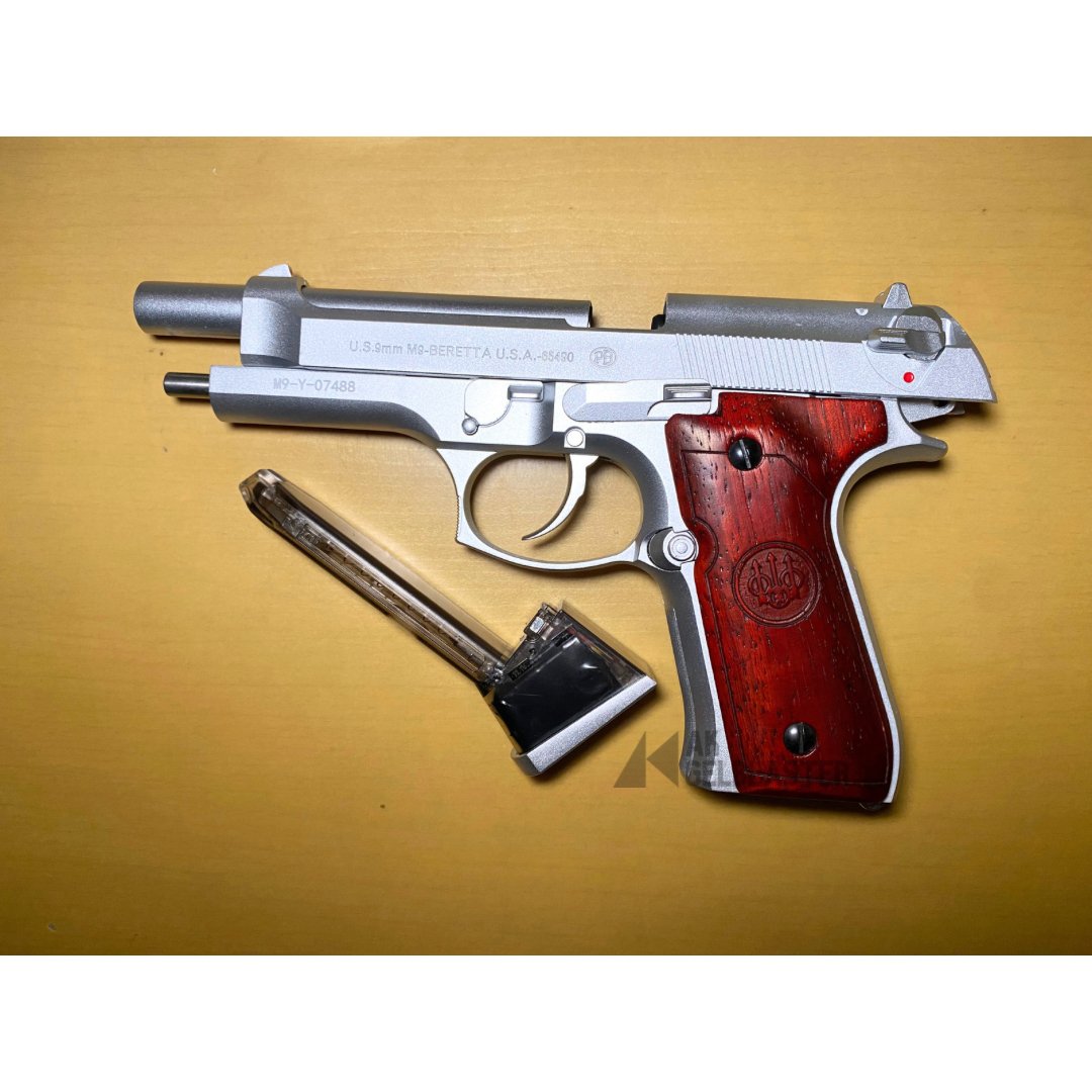 Silver Beretta 92F with Real Wood Handgrip Gel Blaster Pistol - AKgelblaster