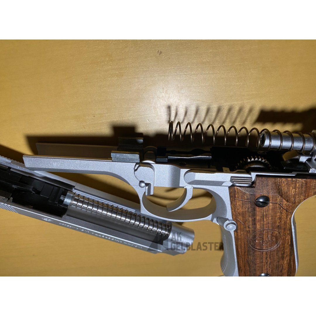 Silver Beretta 92F with Real Wood Handgrip Gel Blaster Pistol - AKgelblaster